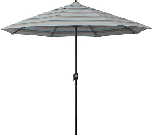 California Umbrella 9' Rd Aluminum Patio Umbrella, Crank Lift, Auto Tilt, Black Finish, Sunbrella Gateway Mist