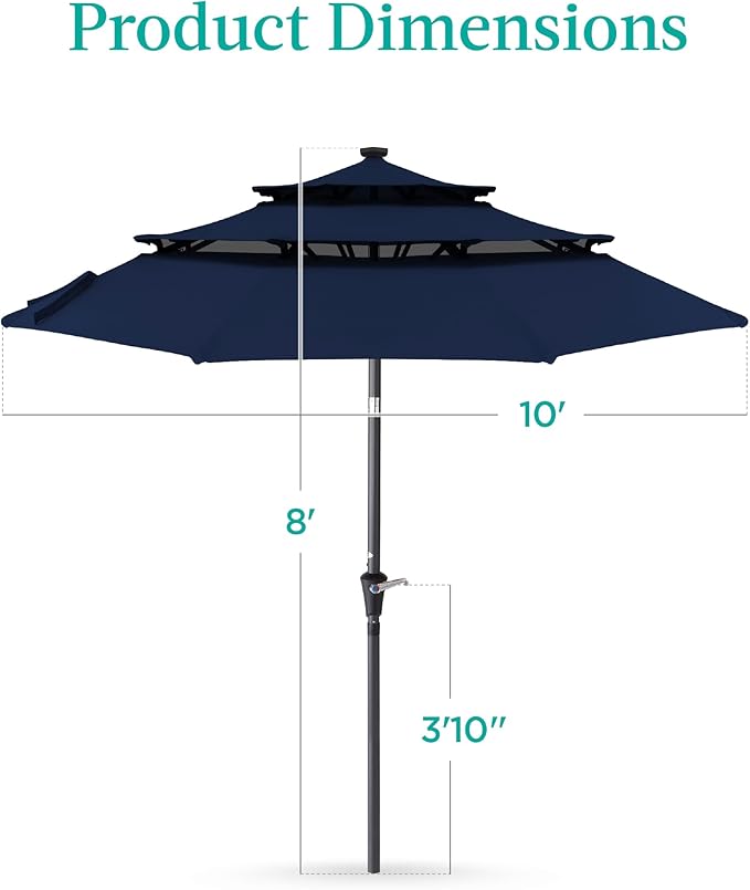 Best Choice Products 10ft 3-Tier Solar Patio Umbrella, Outdoor Market Sun Shade for Backyard, Deck, Poolside w/ 24 LED Lights, Tilt Adjustment, Easy Crank, 8 Ribs - Navy Blue