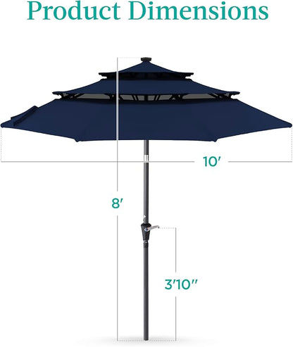 Best Choice Products 10ft 3-Tier Solar Patio Umbrella, Outdoor Market Sun Shade for Backyard, Deck, Poolside w/ 24 LED Lights, Tilt Adjustment, Easy Crank, 8 Ribs - Navy Blue