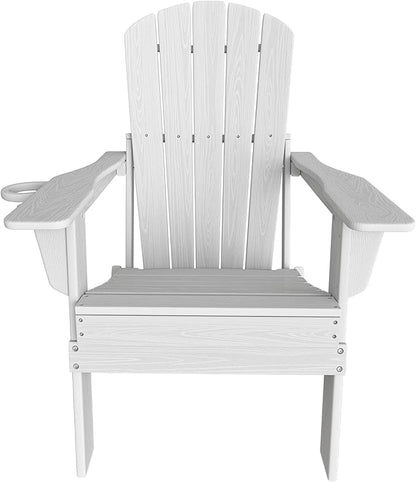 Plawdlik Folding Adirondack Chair, SGS Tested, Wooden Textured with Cup Holder, Heavy All-Weather HDPE Comfortable Set Poolside Backyard Lawn White