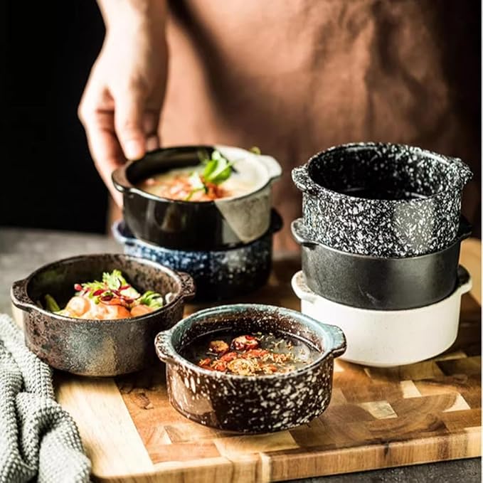 Ceramic Soup Bowls with Handles, Set of 4, 10oz, Microwave & Oven Safe, Soup Crocks for French Onion Soup, Chili, Pasta (Sea of Fog, 5 Inch)