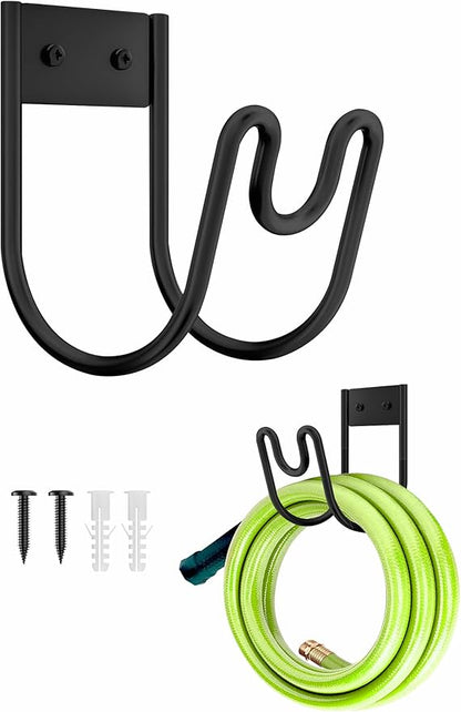Metal Garden Hose Holder, Wall Mounted Water Hose Hanger, Solid Hose Hook for Garden Garage Water Hose/ Extension Cords/ Vacuum Lines (Black)