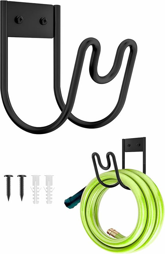 Metal Garden Hose Holder, Wall Mounted Water Hose Hanger, Solid Hose Hook for Garden Garage Water Hose/ Extension Cords/ Vacuum Lines (Black)