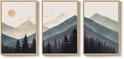 Cuspin Boho Framed Mountain Forest Landscape Wall Art, 3 Piece Bohemian Canvas Prints, Modern Nature Wall Art for Living Room, 3 Count, 16x24 Inch
