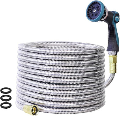 25FT Garden Hose, Stainless Steel Water Hose Flexible with a 10-Mode Nozzle Sprayer, No Kink, Lightweight, Puncture Proof, Ideal for Indoor & Outdoor Light Use, 5/8'' Outside Diameter
