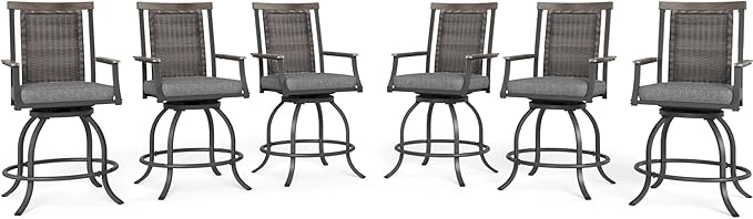 MFSTUDIO Outdoor Counter Height Bar Stool Set of 6, Swivel Rattan Backrest Metal Patio Bar Chair with Armrest and Cushion, All Weather Resistant Wicker Patio Chair, Grey