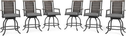 MFSTUDIO Outdoor Counter Height Bar Stool Set of 6, Swivel Rattan Backrest Metal Patio Bar Chair with Armrest and Cushion, All Weather Resistant Wicker Patio Chair, Grey
