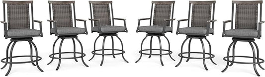 MFSTUDIO Outdoor Counter Height Bar Stool Set of 6, Swivel Rattan Backrest Metal Patio Bar Chair with Armrest and Cushion, All Weather Resistant Wicker Patio Chair, Grey