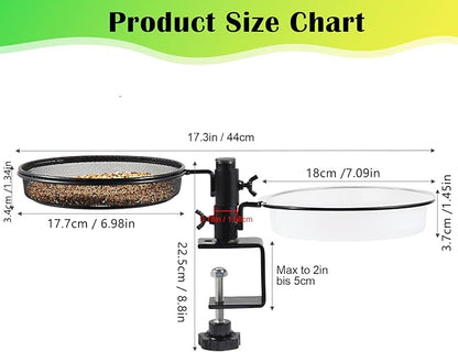 HRAYLTOP Deck Bird Feeders with Metal Mesh Tray and 2 Water Bowls - Detachable Adjustable Heavy Duty Clamp Bracket, Rail Bird Bath Balcony Porch Railing Feeder Perfect for Attracting Birds.