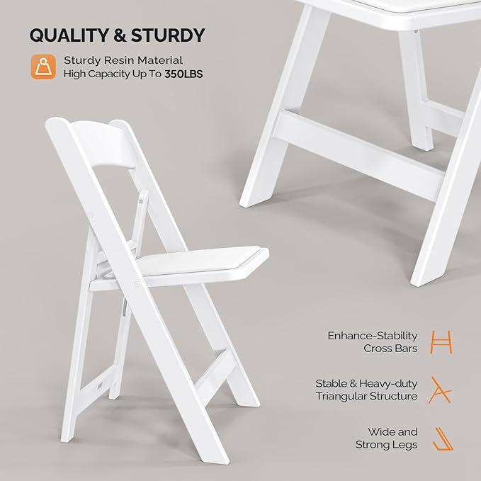 VINGLI Resin Folding Chairs with Cushion, Foldable Plastic Chair with Comfortable Padded Seats, Perfect for Event Party Indoor Outdoor, White, 1 PC