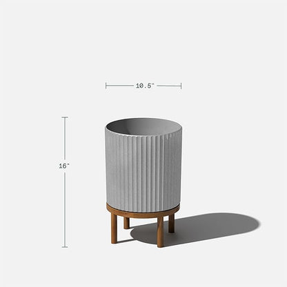 Veradek Demi Series Round Planter w/Stand for Porch/Patio | Durable Plastic-Stone Composite & Wooden Stand | Modern Décor for Tall Plants, Flowers