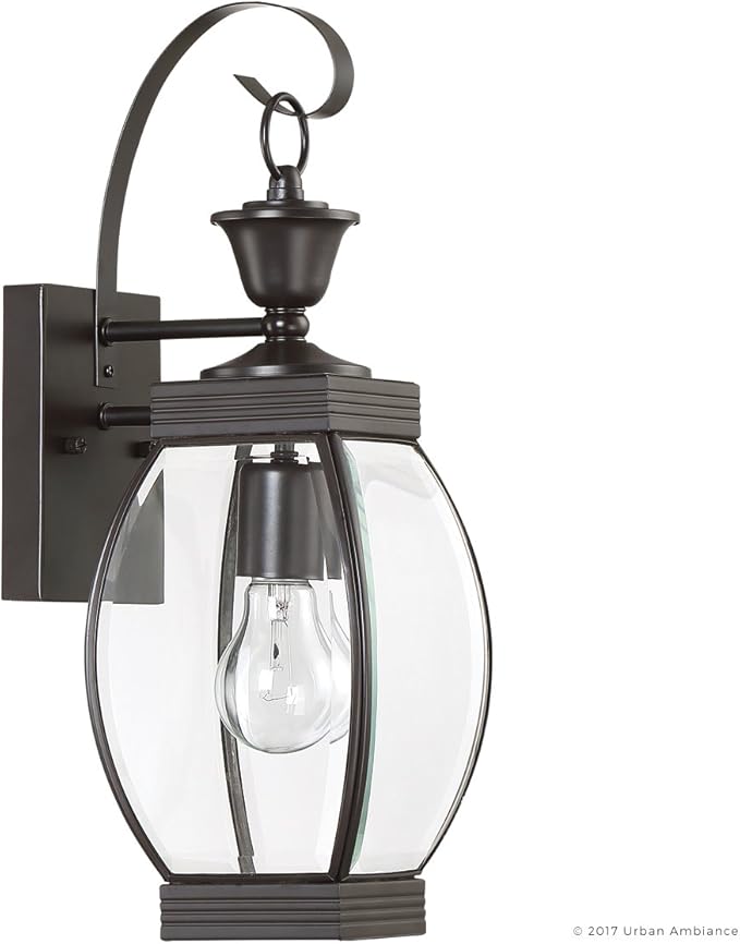 Urban Ambiance Luxury Colonial Outdoor Wall Light, Medium Size: 17" H x 5.5" W, with Transitional Style Elements, Bowed Design, Gorgeous Dark Medieval Bronze Finish and Beveled Glass, UQL1170