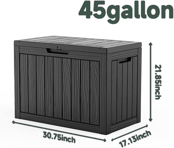 45 Gallon Deck Box, Waterproof Resin Outdoor Storage Box Lockable for Patio Furniture, Fade Resistant Patio Side Table & Organizer for Garden Tools, Pool Floats, Outdoor Cushions, Black