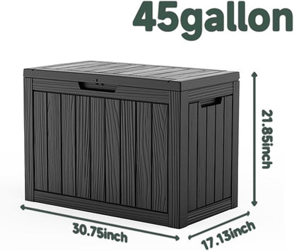 45 Gallon Deck Box, Waterproof Resin Outdoor Storage Box Lockable for Patio Furniture, Fade Resistant Patio Side Table & Organizer for Garden Tools, Pool Floats, Outdoor Cushions, Black