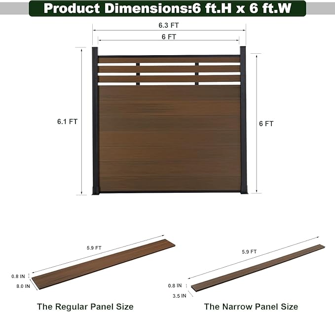 Mondaria Semi-Closed Privacy Fence Panels for Outside, 6ft(W) x 6ft(H) Wind Resistant Wood Plastic Composite Fencing Panels for Patio, Backyard, Garden and Pool (Brown, 2 Posts)