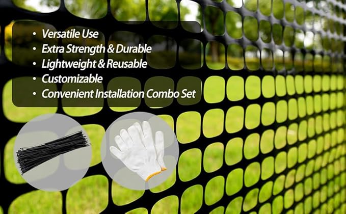 PotatoLife Plastic Mesh Fence Safety Fence, Extra Strength 4'x50' Roll with 100 Zip Ties, Resuable Temporary Netting for Garden Fencing, Construction, Snow Fencing, Animal Barrier, Poultry, Deer, Dog