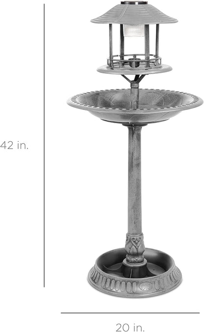 Best Choice Products Solar Outdoor Bird Bath Vintage Resin Pedestal Fountain Decoration for Yard, Garden w/Planter Base, Feeder, Decorative Bird Cage, Fillable Stand - Stone