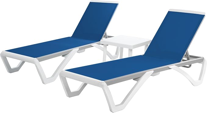 Kozyard 3-Piece Outdoor Chaise Lounge Set Fully Flat Adjustable Lounger | Aluminum Frame, Resin Legs, Textilene Fabric for Poolside, Backyard, Beach, Blue, 2Chairs +Table