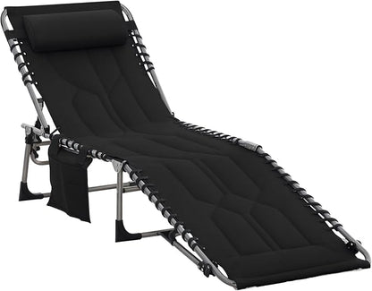 Outsunny Padded Folding Chaise Lounge Chair, Outdoor 6-Level Reclining Camping Tanning Chair with Headrest for Beach, Yard, Patio, Pool, Black