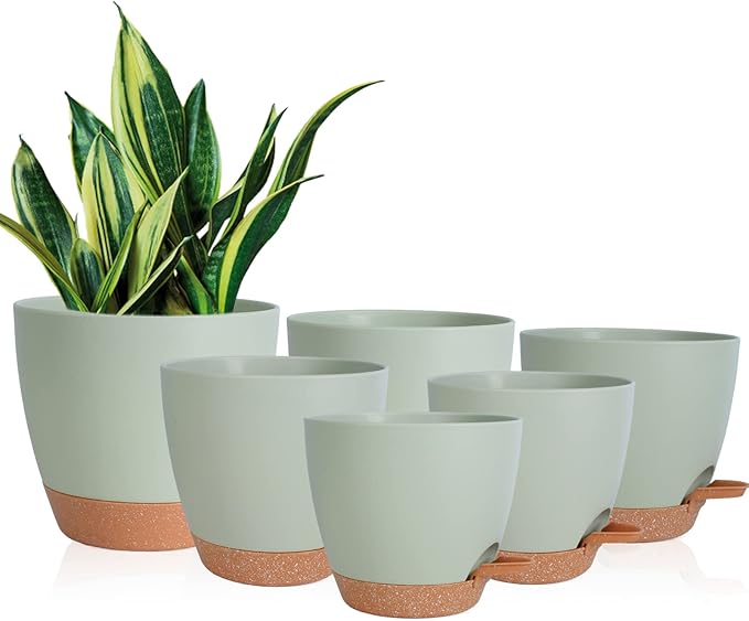 Planters for Indoor Plants, 8/7/6.5/6/5.5/5 Inch Self Watering Planters with Drainage Hole, Plastic Planters Flower Pots for Indoor Outdoor Plants (Green)
