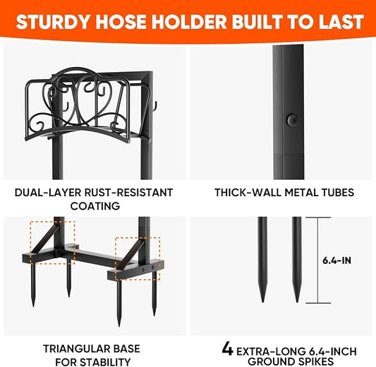 Garden Hose Holder with Tool Hooks and Stable Base, Heavy-Duty Garden Hose Storage Metal Hose Hanger Holds 160Ft, Rustproof Freestanding Water Hose Holder for Outside, Yard, Lawn, Farm, Black