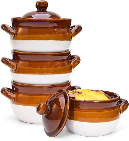 Vumdua French Onion Soup Bowls with Lids and Handles, 16 oz Ceramic French Onion Soup Crocks for Chilli, Cereal, Cereal, Pot Pies, Oven, Broil & Dishwasher Safe, Set of 4