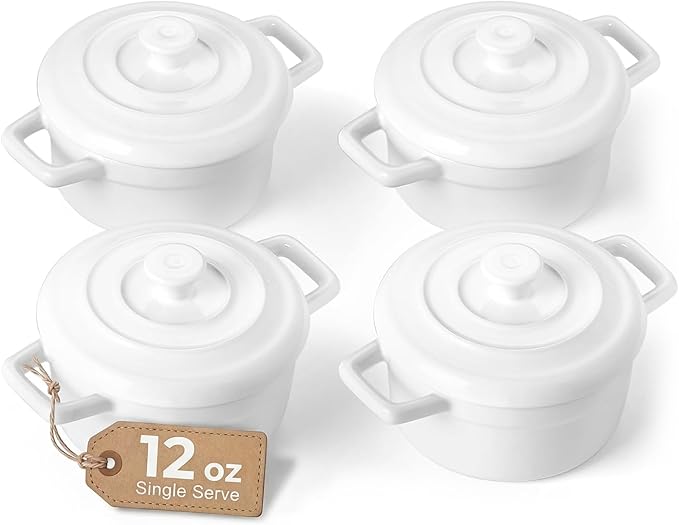 Lareina Mini Cocotte 12oz Ceramic Casserole Dish Set with Lid, White | Small casserole ramekins with handles, oven, microwave & dishwasher safe. Perfect for baking, serving, and individual meals.