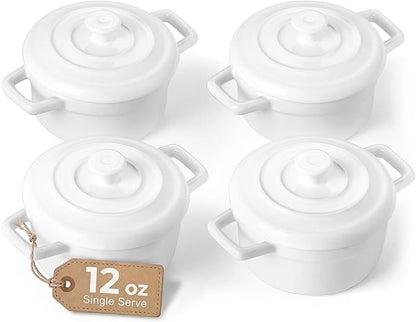 Lareina Mini Cocotte 12oz Ceramic Casserole Dish Set with Lid, White | Small casserole ramekins with handles, oven, microwave & dishwasher safe. Perfect for baking, serving, and individual meals.