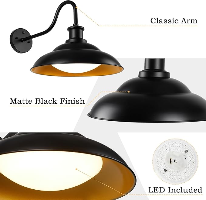LED Outdoor Barn Lights, 12 Inch Farmhouse Exterior Wall Light Fixtures with Adjustable Color Temperature, Black Porch Lights Outside for House, Outdoor & Indoor, Gold Interior, 2 Pack