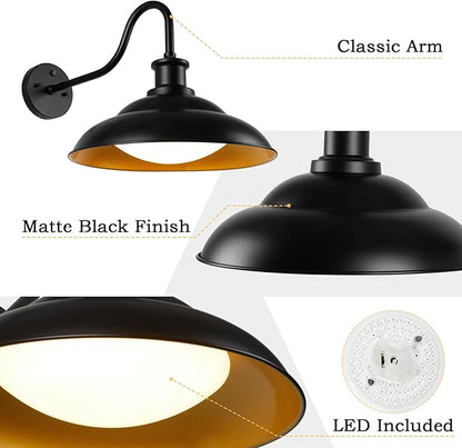LED Outdoor Barn Lights, 12 Inch Farmhouse Exterior Wall Light Fixtures with Adjustable Color Temperature, Black Porch Lights Outside for House, Outdoor & Indoor, Gold Interior, 2 Pack