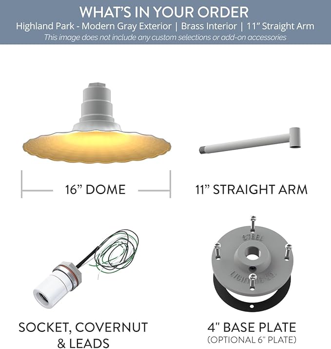 Steel Lighting Co. Highland Park Barn Light | Outdoor Wall Mounted | 16 inch Radial Wave | 11" Straight Arm | Vintage Style Made in America | Modern Gray Exterior/Brass Interior