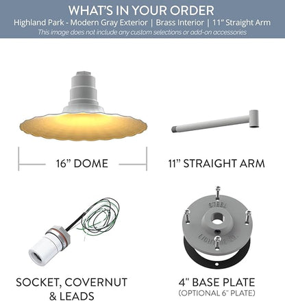 Steel Lighting Co. Highland Park Barn Light | Outdoor Wall Mounted | 16 inch Radial Wave | 11" Straight Arm | Vintage Style Made in America | Modern Gray Exterior/Brass Interior