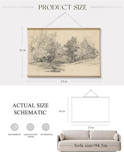 ARPEOTCY Extra Large Vintage Framed Wall Art, 36x54 Inch Sketch Forest Landscape Hanging Canvas Prints, Scroll Wall Decor for Living Room Bedroom, Retro Scenery Pictures Above of Bed