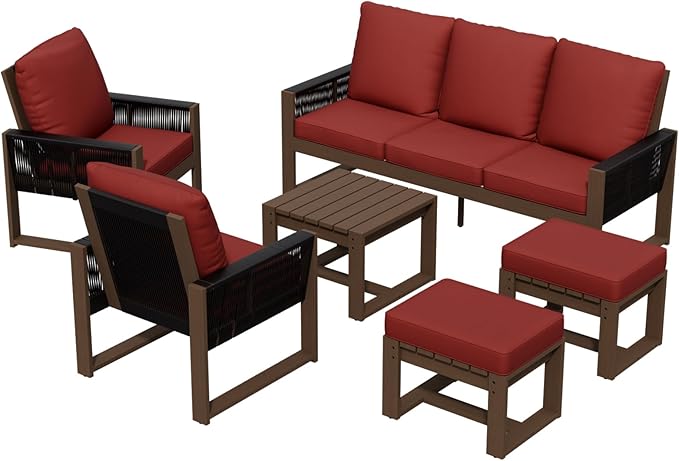 Rustic Hideaway Natural Cedar Wood Outdoor Furniture Set, Wicker Patio Conversation Set for Porch Garden Backyard, Couch, 2 Patio Chairs, Side Table and 2 Ottomans, 6 Piece, Brownish/Red