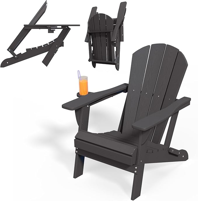 Folding Adirondack Chairs with Cup Holders, Set of 6 HDPE Plastic Outdoor Chairs, Weather Resistant, Real Wood Look, Heavy-Duty Patio Furniture for Deck, Fire Pit, Backyard, Black