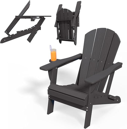 Folding Adirondack Chairs with Cup Holders, Set of 6 HDPE Plastic Outdoor Chairs, Weather Resistant, Real Wood Look, Heavy-Duty Patio Furniture for Deck, Fire Pit, Backyard, Black