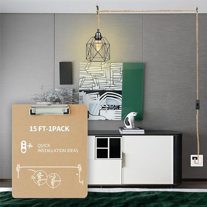HESSION Rattan Wrapped Extension Hanging Lantern, Plug-in Pendant Light with Hemp Cord - 15ft, E26/E27 Compatible Vintage Fabric Lamp - Ideal for Rustic and Boho Style Decor