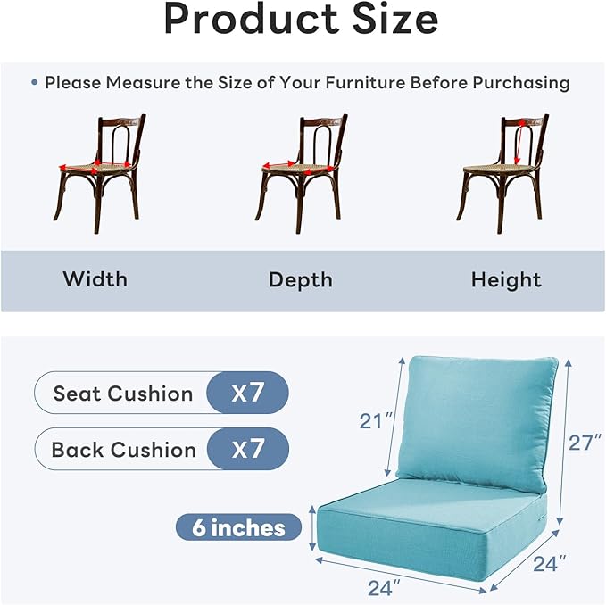6" Thicker Outdoor Chair Cushion 7 Sets - 24" *24" *6" Waterproof Patio Furniture Cushions with Removable Cover, 28D High Density Sponge Filling Thicken Outdoor Patio Cushions - Turquoise
