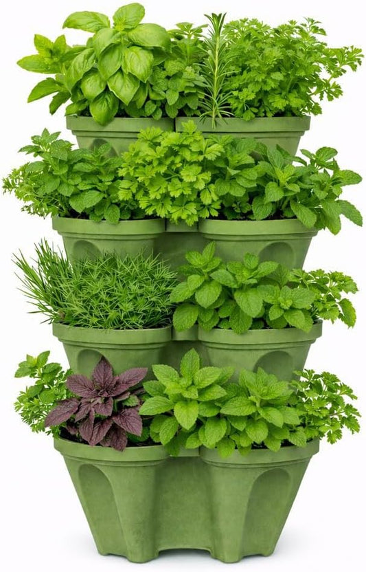 Large Vertical Planter Tower, 4 Tier Stackable Garden Planter, 28 Plant Sites, Heavy Duty Strawberry Planter, Vertical Growing System with Center Hole, Made in USA (4, Sagebrush Green, Large)