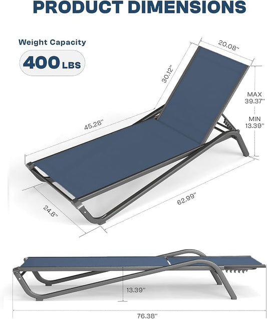 3-Piece Patio Chaise Lounge Set with Side Table, Set of 2 Adjustable Pool Chairs and Aluminum Bistro Table, All-Weather Outdoor Furniture for Pool Deck, Patio & Tanning, Navy Blue