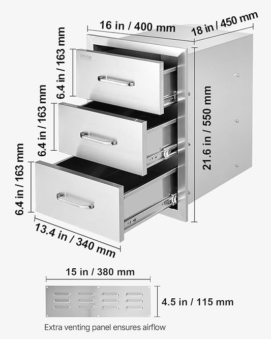 VEVOR Outdoor Kitchen Drawer Cabinets 16" W x 21.5" H x 18" D, BBQ Drawer Stainless Steel, Flush Mount Triple Access, with Handle, BBQ Island, Outdoor Grill Patio Grill Station