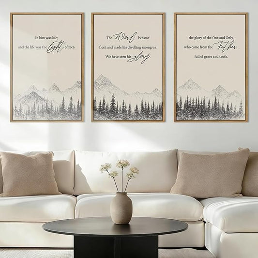 IARTTOP Extra Large Christian Bible Verse Framed Wall Art 24x36 Inch Set of 3 Easter Jesus Catholic Biblical Scripture Canvas Wall Decor Minimalist Grey Mountain Landscape Prints for Living room Dining room