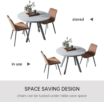 34.6'' Round Dining Table and Chairs for 2, Space Saving Modern Casual Coffee Table Set for Apartment Kitchen Dining Room (Grey Table+2 Brown Chairs)