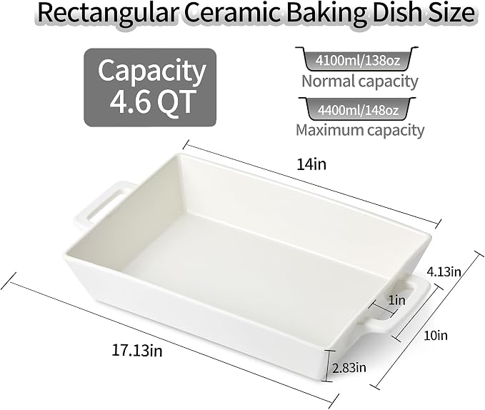 4.6 Qt Large Rectangular Ceramic Baking Dish, 14x10 Inch Deep Casserole Lasagna Pan with Handles for Cooking, Roasting, Serving, and Daily Use, Safe for Oven Microwave Dishwasher Freezer
