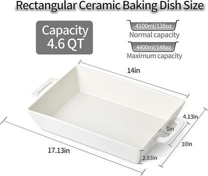 4.6 Qt Large Rectangular Ceramic Baking Dish, 14x10 Inch Deep Casserole Lasagna Pan with Handles for Cooking, Roasting, Serving, and Daily Use, Safe for Oven Microwave Dishwasher Freezer