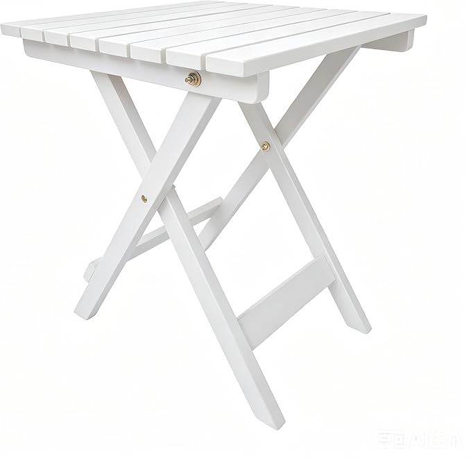 Outdoor Wooden Side Table, Folding Patio End Table, Small Square Furniture Table for Adirondack Chair, Balcony, Porch, Acacia Wood, No Assembly, White
