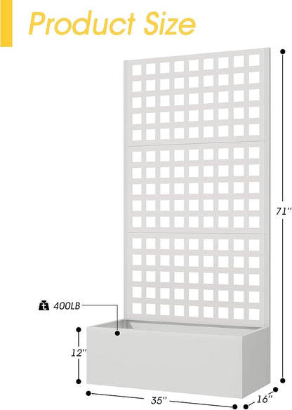 Metal Planter Box with Trellis, 71"x 35"x 16" Raised Garden Bed with Trellis, Planter Box Trellis with Privacy Screen and Drainage Holes, White