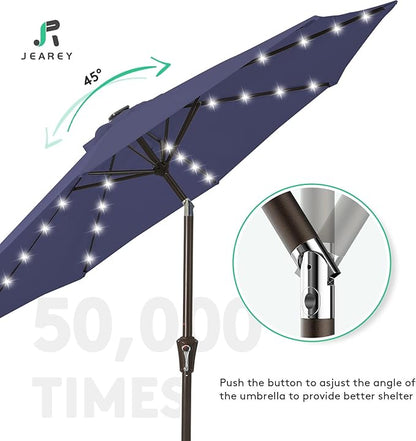 JEAREY 9FT Outdoor Patio Umbrella with Solar Lights, LED Lighted Pool Umbrella with Tilt and Crank, Outdoor Table Umbrellas for Deck, Yard & Market (Dark Blue)