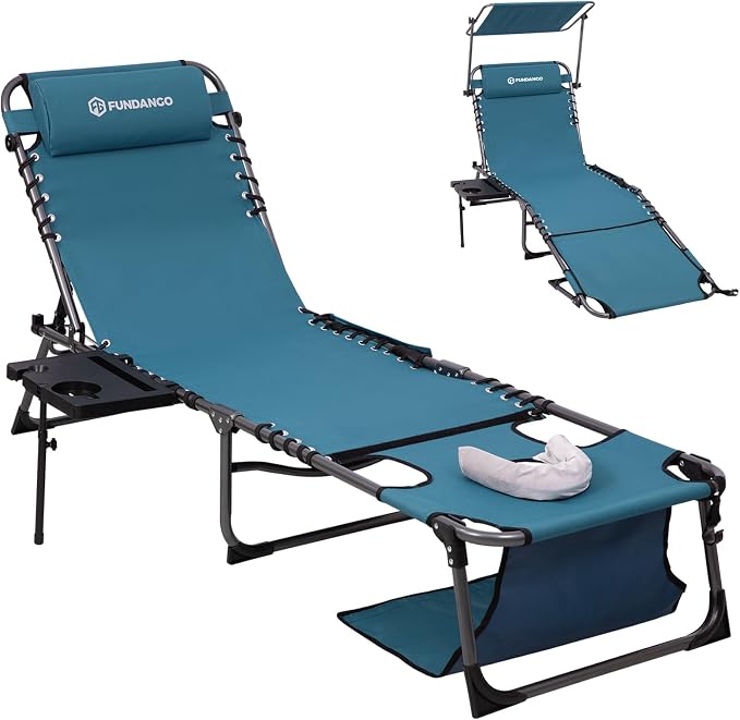 FUNDANGO 400lbs Heavy Duty Tanning Chair with Face Hole & Canopy, Cyan | Face Hole & Canopy, 400lbs Capacity, Side Table, 5-Position Sun Lounger, Anti-Pinch Safety Lock
