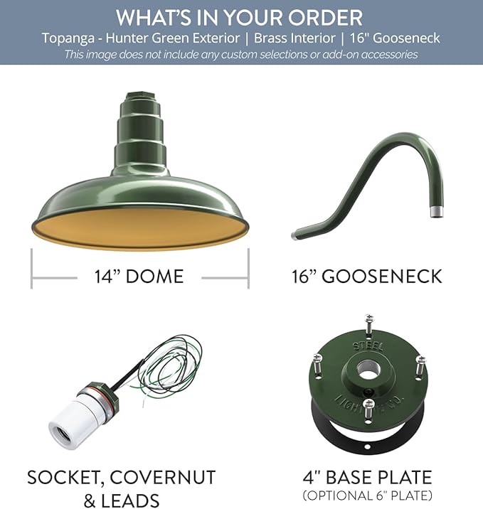 Steel Lighting Co. Topanga Barn Light | Outdoor Wall Mounted | 14 inch Dome | 16" Gooseneck | Farmhouse Garage Light Made in America | Hunter Green Exterior/Brass Interior